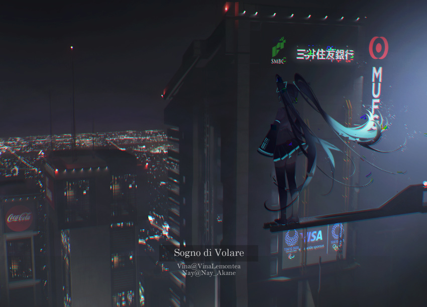 1girl, building, city, city_lights, cityscape, coca-cola, hatsune_miku, highres