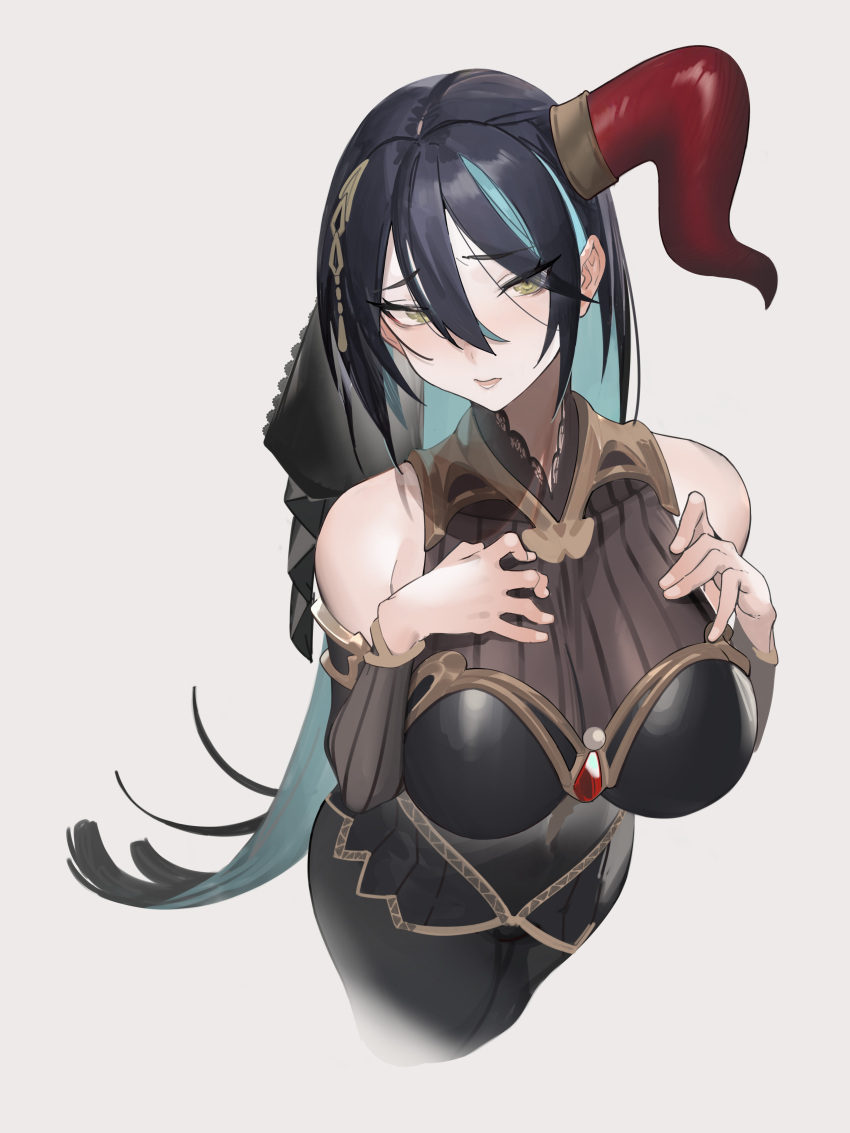 1girl, absurdres, black_dress, black_hair, blue_hair, breasts, closed_mouth, colored_inner_hair