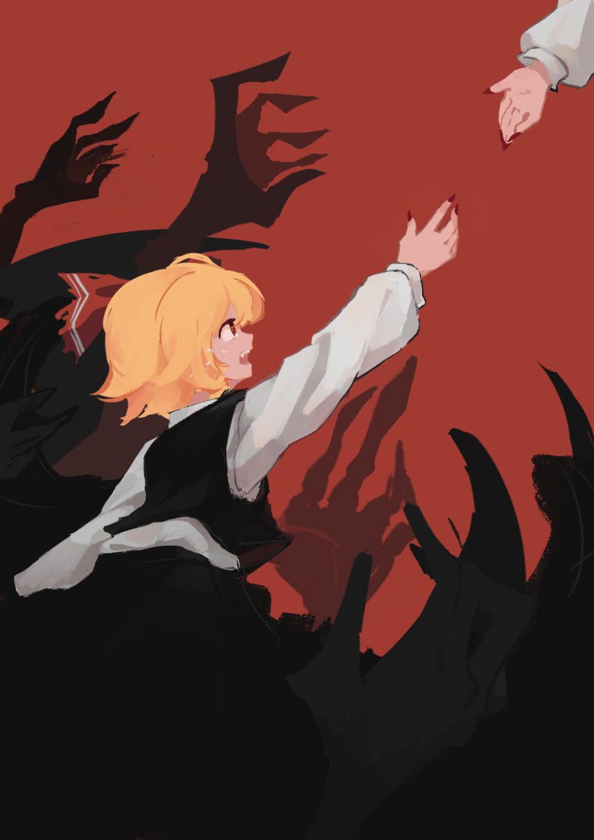 1girl, arm_up, bangs, black_vest, blonde_hair, crying, crying_with_eyes_open, fingernails