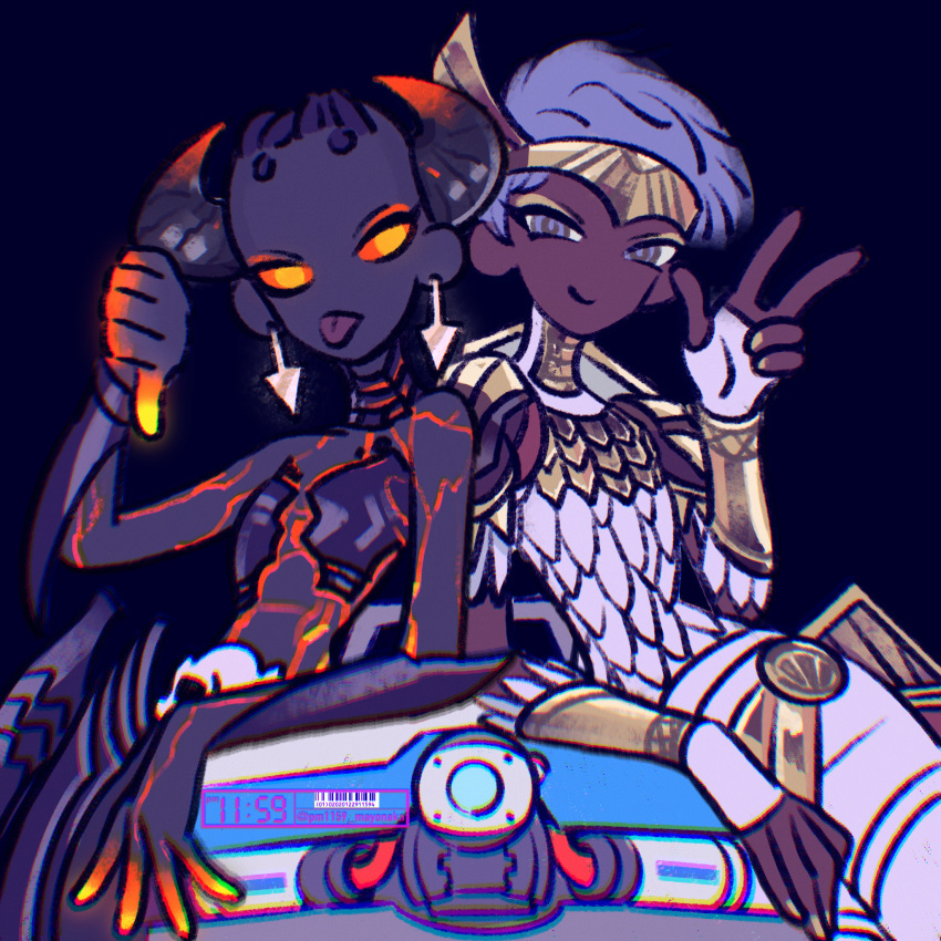 2girls, apex_legends, black_background, black_hair, colored_sclera, d.o.c._health_drone, dark-skinned_female, dark_skin, demon_girl, demon_horns, dual_persona, eyeshadow, fingerless_gloves, from_the_ashes_lifeline, gloves, gold_headband, grey_hair, guardian_angel_lifeline, head_tilt, highres, horns, leaning_back, lifeline_(apex_legends), makeup, multiple_girls, orange_eyes, pants, pm11:19, red_sclera, robot, short_hair, thumbs_down, v, very_dark_skin, white_gloves, white_pants, yellow_eyeshadow