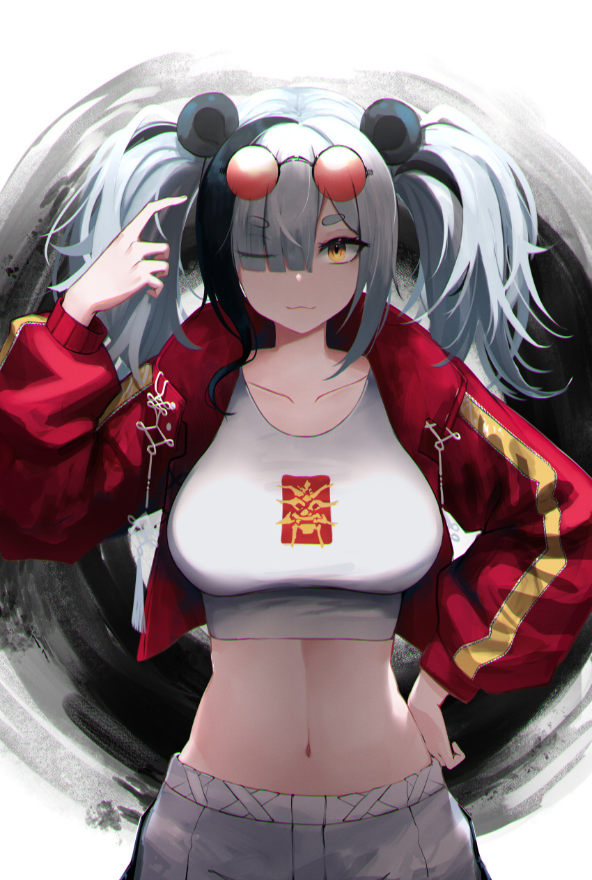 1girl, ;3, absurdres, animal_ears, arknights, bangs, black_hair, eyebrows_visible_through_hair, feater_(arknights), feater_(gourmet)_(arknights), highres, kakuma, looking_at_viewer, multicolored_hair, one_eye_closed, panda_ears, silver_hair, smile, solo, streaked_hair, twintails