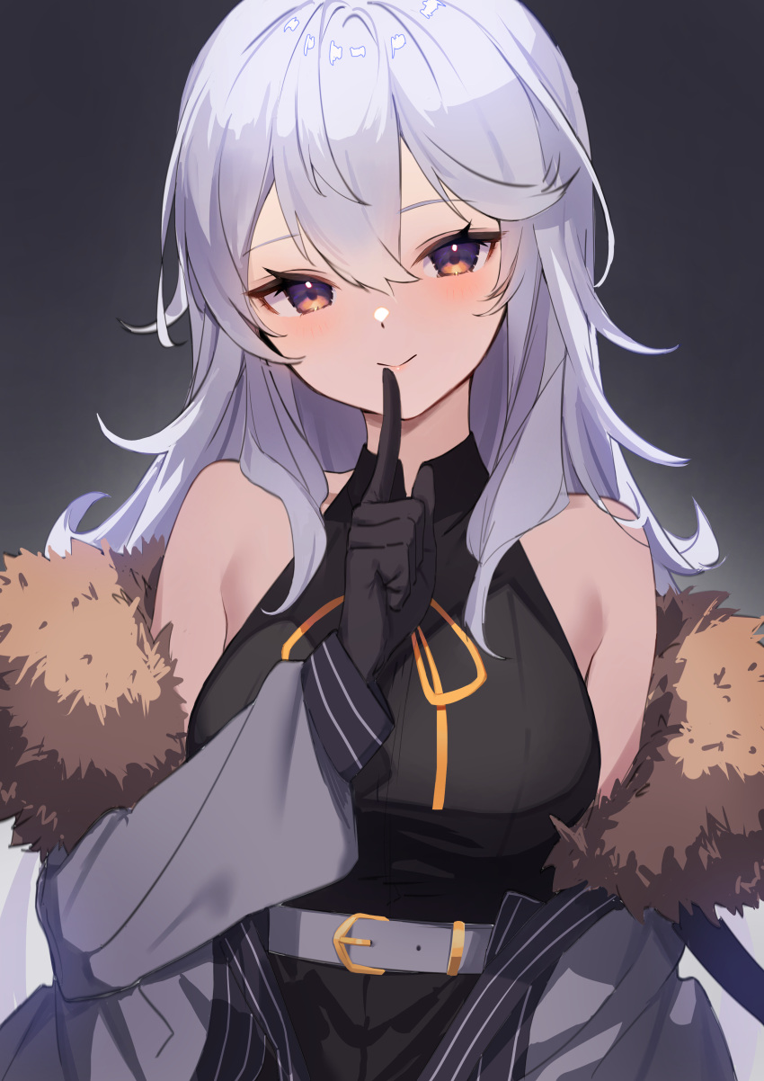1girl, @shuntarou, absurdres, bare_shoulders, belt, black_gloves, black_shirt, breasts