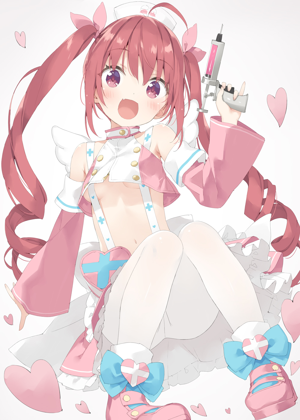 1girl, :d, ahoge, angel_wings, arm_up, armpit_crease, bangs, bare_shoulders
