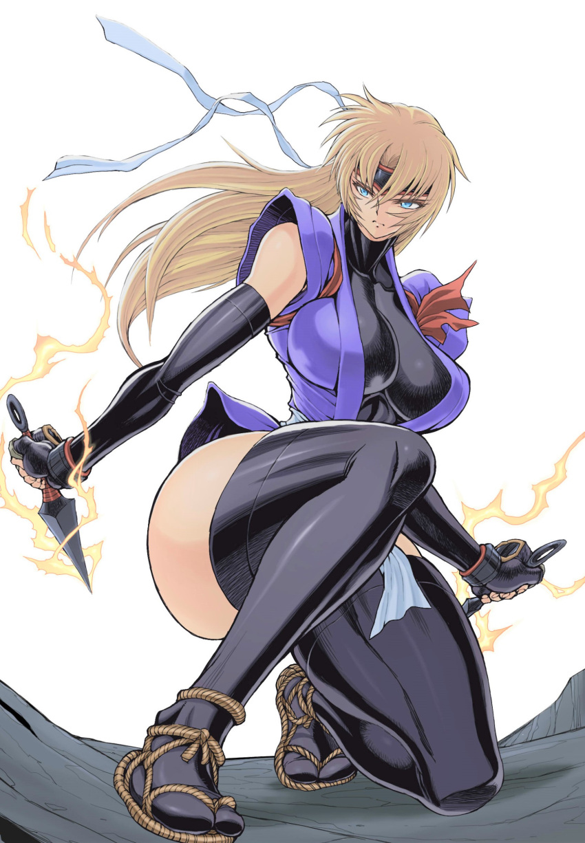 1girl, absurdres, black_gloves, black_legwear, black_leotard, blonde_hair, blue_eyes, blue_kimono