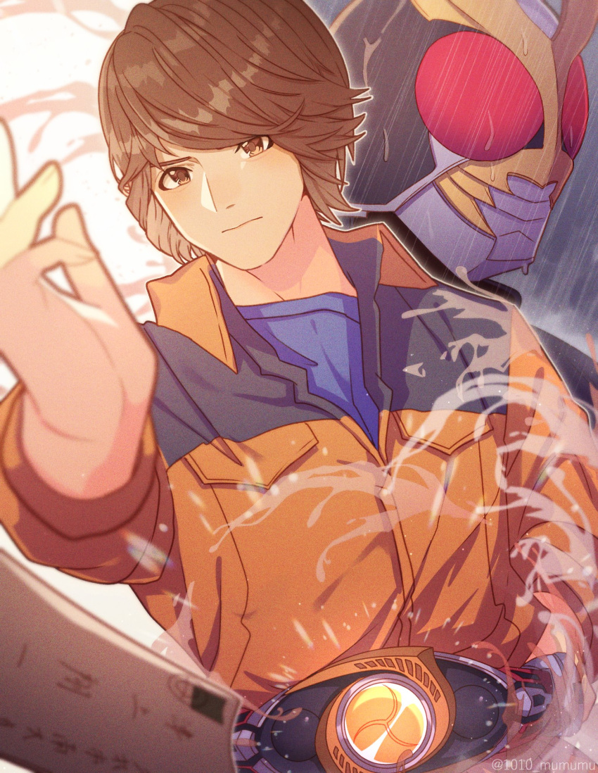 1010_mumumu, 2boys, blue_shirt, brown_eyes, brown_hair, driver, dual_persona, eyebrows