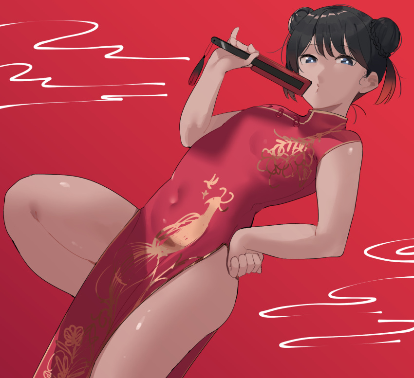 1girl, bangs, black_hair, blue_eyes, china_dress, chinese_clothes, commentary, dark-skinned_female