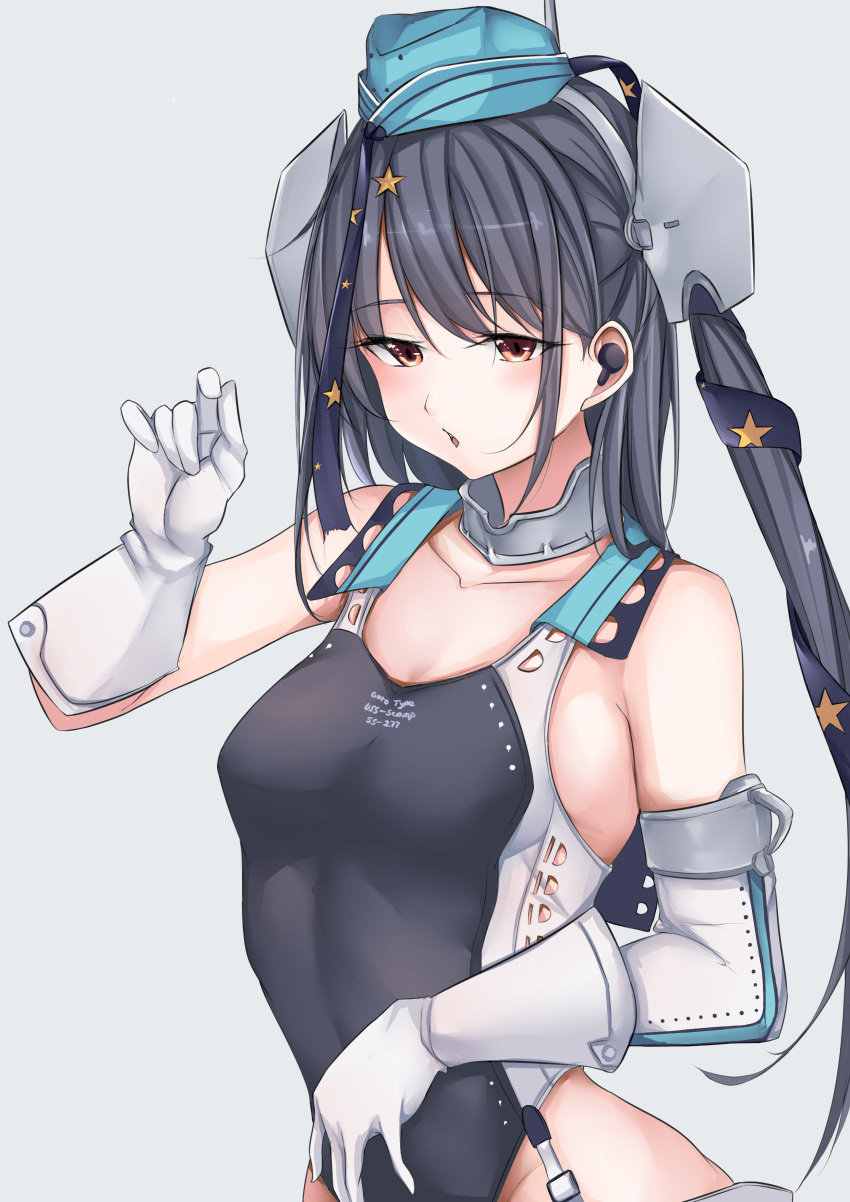 1girl, absurdres, aqua_headwear, black_ribbon, black_swimsuit, candy, competition_swimsuit, cowboy_shot