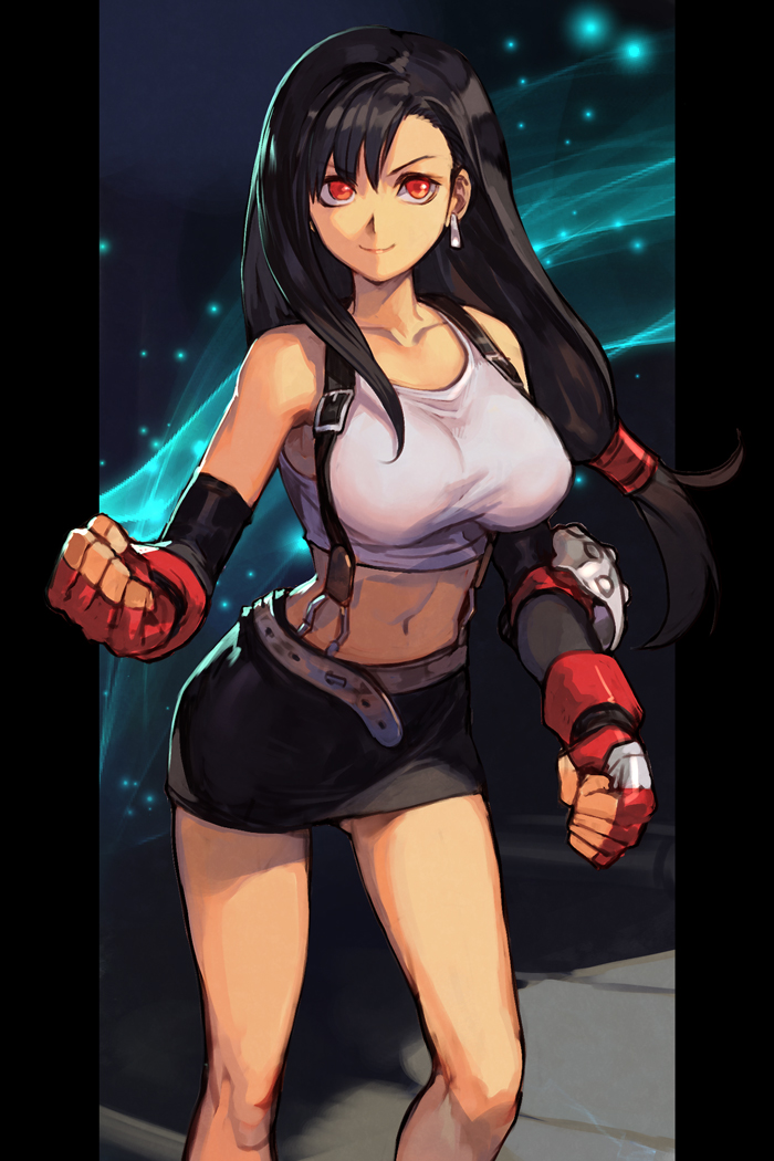 1girl, bangs, belt, black_hair, black_skirt, breasts, clenched_hands, closed_mouth