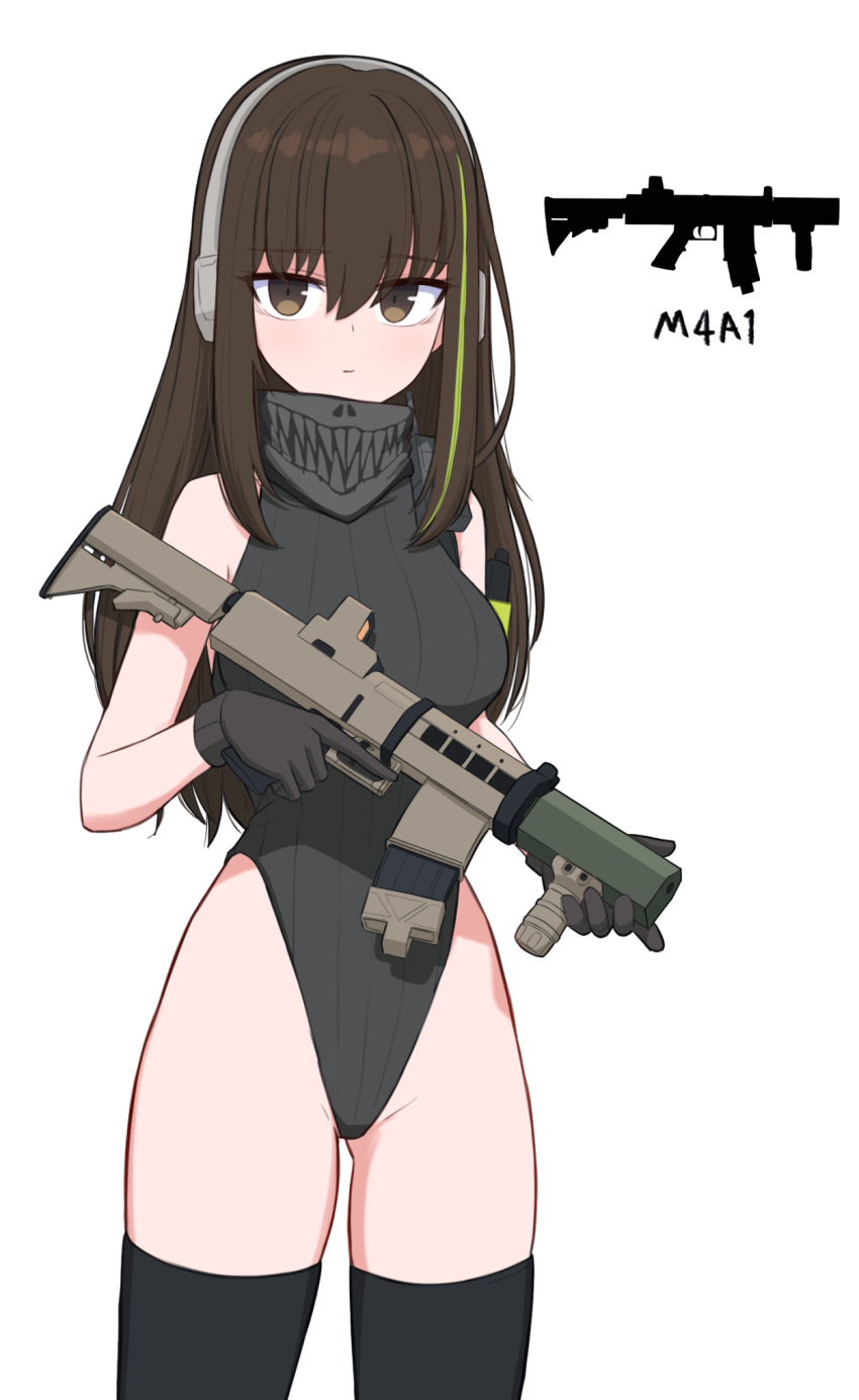 1girl, assault_rifle, bad_gun_anatomy, breasts, brown_eyes, brown_hair, girls_frontline, green_hair