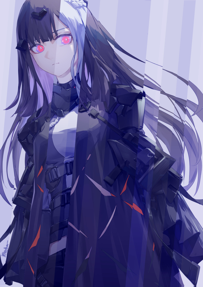 1girl, absurdres, ak-12_(girls'_frontline), belt, black_dress, black_hair, braid, bright_pupils, commentary_request, dress, fagun_yibei, french_braid, gas_mask, girls_frontline, highres, koleda_(girls'_frontline), long_hair, mask, nyto_(girls'_frontline), solo, spoilers, tactical_clothes, white_hair