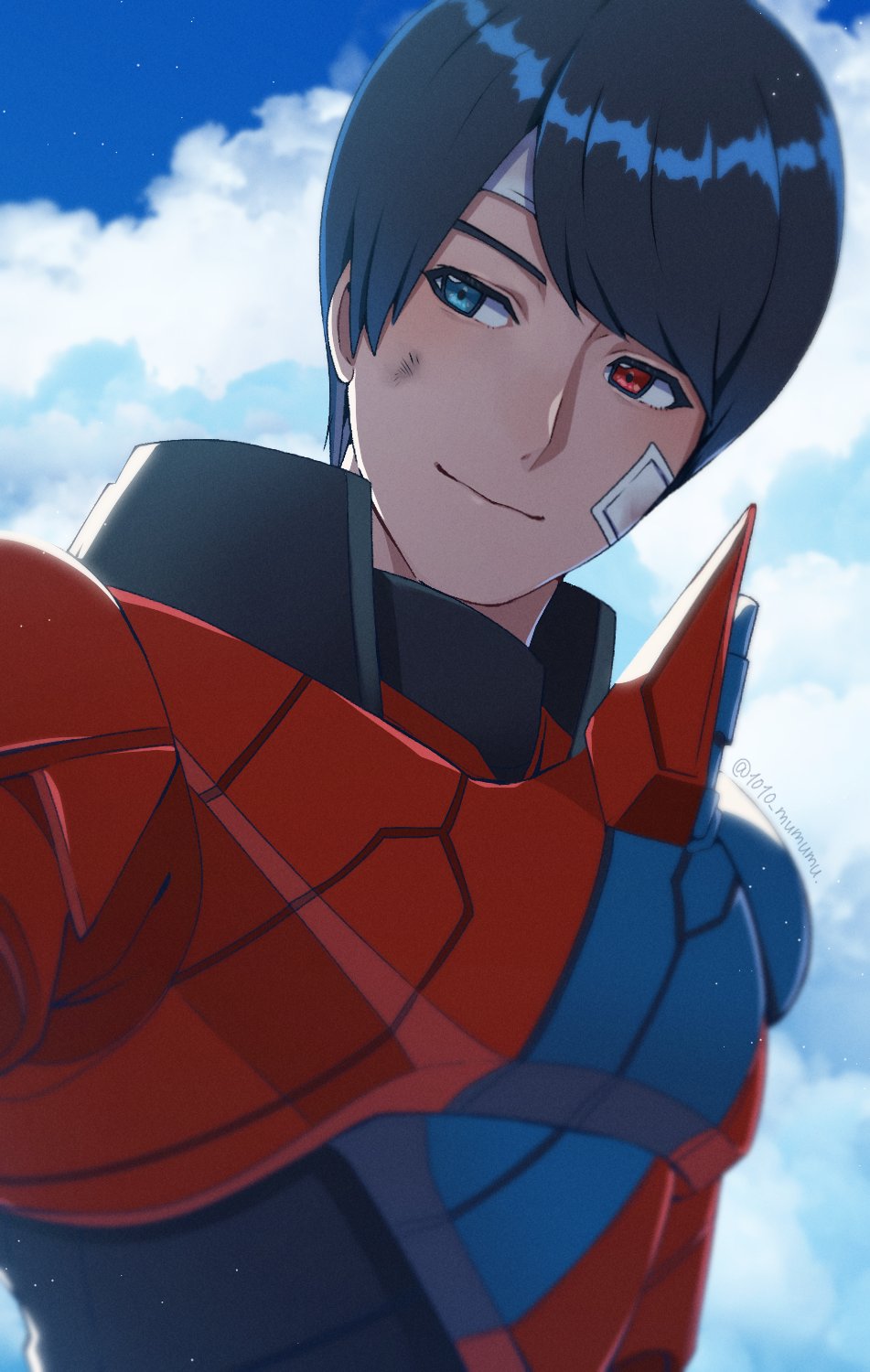 1010_mumumu, 1boy, after_battle, bandage_on_face, bandages, black_bodysuit, blue_armor, blue_eyes, blue_sky, bodysuit, bruise, bruise_on_face, eyebrows, heterochromia, highres, injury, kamen_rider, kamen_rider_build, kamen_rider_build_(series), kiryuu_sento, male_focus, no_headwear, no_helmet, rabbit+tank_form, red_armor, red_eyes, sky, smile, wrappings