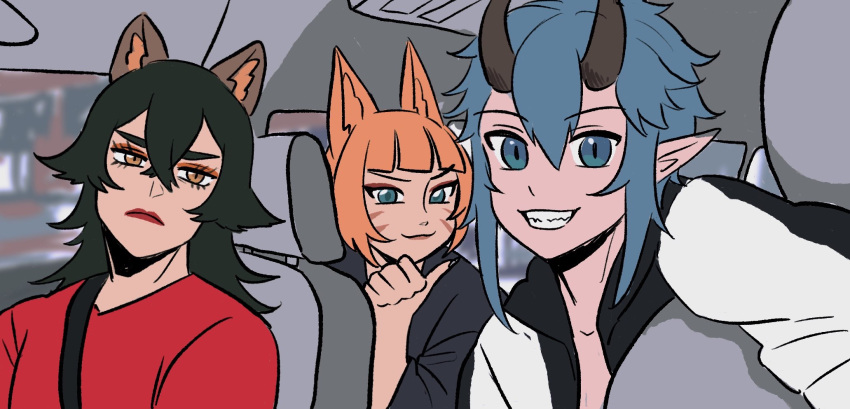 1girl, 2boys, animal_ears, black_hair, blue_eyes, blue_hair, brown_eyes, demon