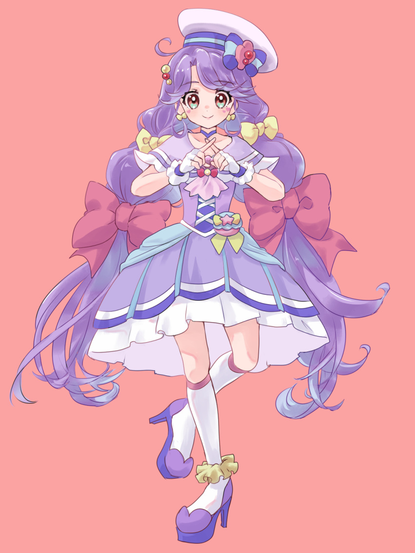 1girl, bag, blush, bow, bow_earrings, choker, crossed_fingers, cure_coral, dress, earrings, eyebrows_visible_through_hair, eyelash_ornament, facial_mark, full_body, hair_bow, hair_ornament, heart, heart_facial_mark, heart_in_eye, highres, jewelry, kneehighs, long_hair, looking_at_viewer, magical_girl, multi-tied_hair, multiple_hair_bows, pink_background, precure, purple_choker, purple_dress, purple_footwear, red_ribbon, ribbon, rin.rin, shoes, smile, socks, solo, suzumura_sango, symbol_in_eye, thick_eyelashes, tropical-rouge!_precure, white_headwear, white_legwear, yellow_bow