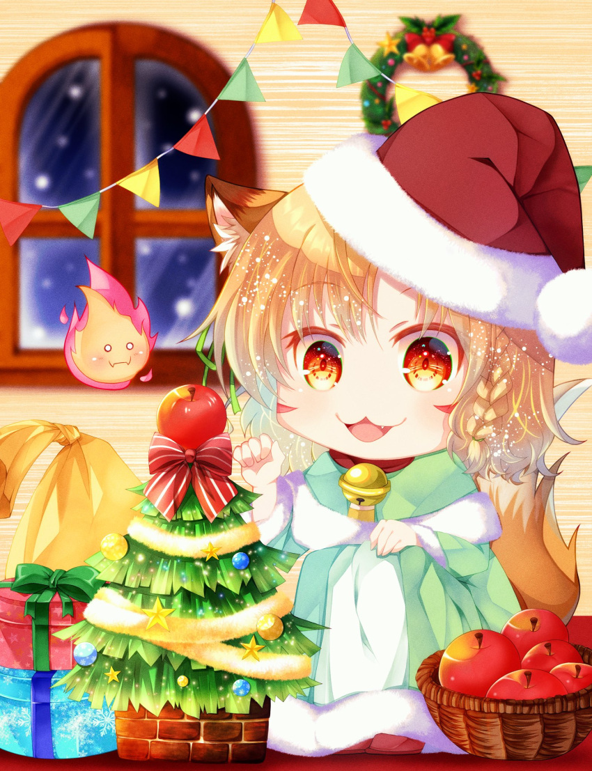 animal_ear_fluff, animal_ears, apple, basket, bow, cat_ears, chibi, christmas_tree