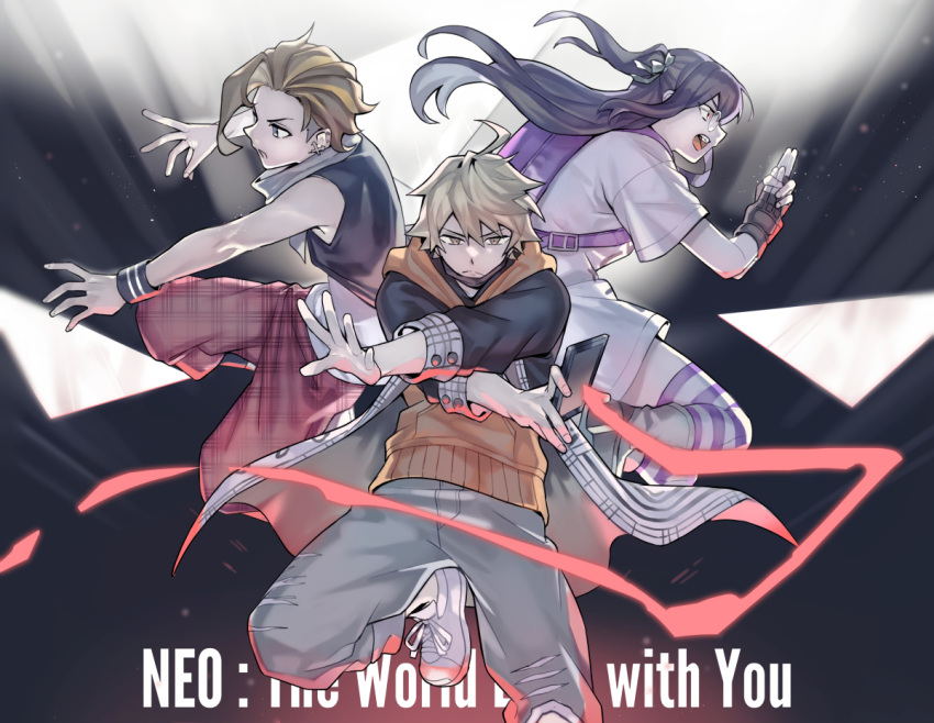 1girl, 2boys, backpack, bag, black_hair, blonde_hair, brown_hair, copyright_name, earrings, furesawa_tousai, glasses, gloves, hood, hoodie, jacket, jewelry, kanade_rindou, multiple_boys, neko_miya, pants, plaid, plaid_pants, purple_legwear, shin_subarashiki_kono_sekai, shoes, sleeveless, sneakers, striped, striped_legwear, subarashiki_kono_sekai, thigh-highs, usui_nagi