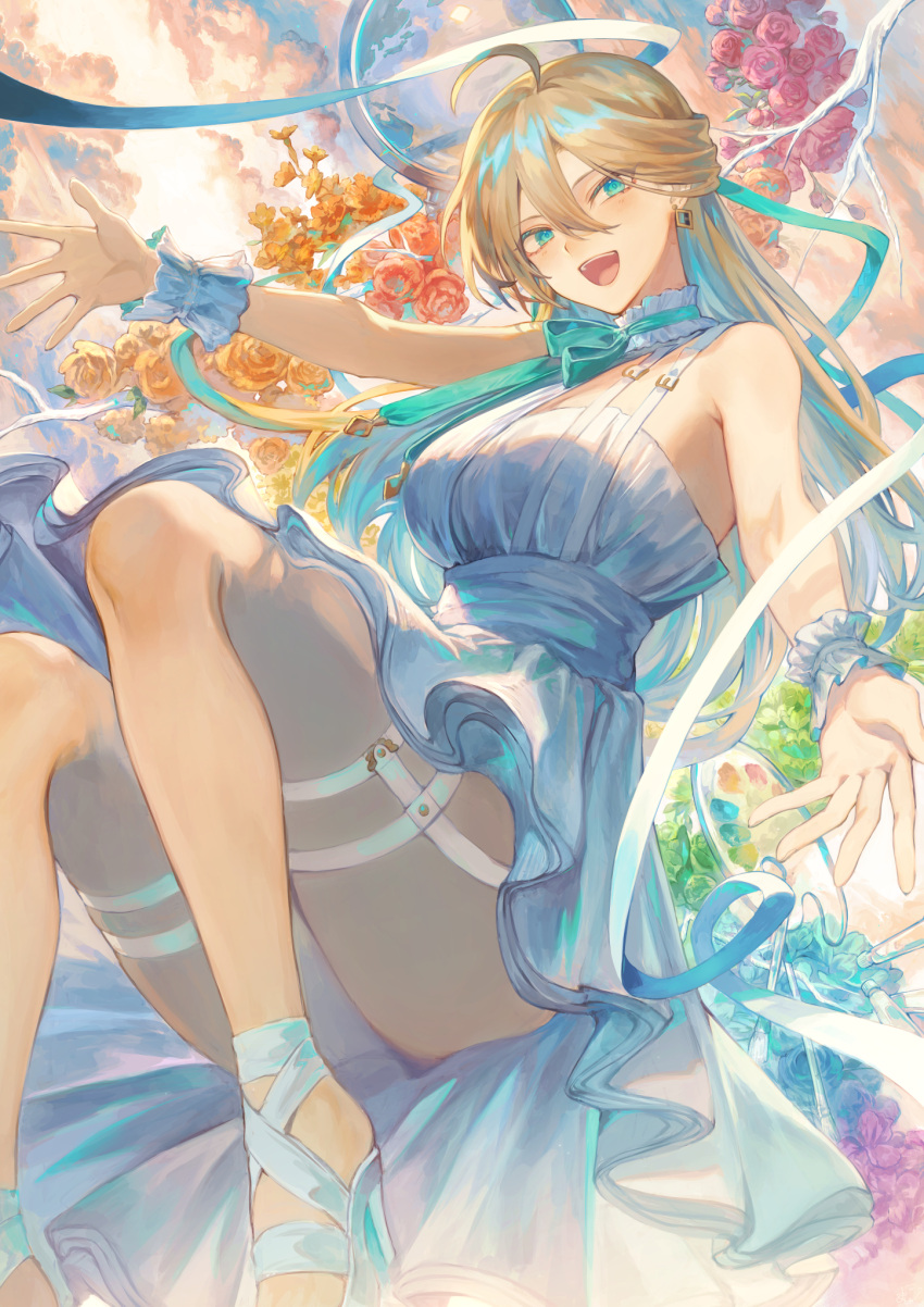 1girl, :d, ahoge, aqua_eyes, bangs, breasts, clouds, commentary_request