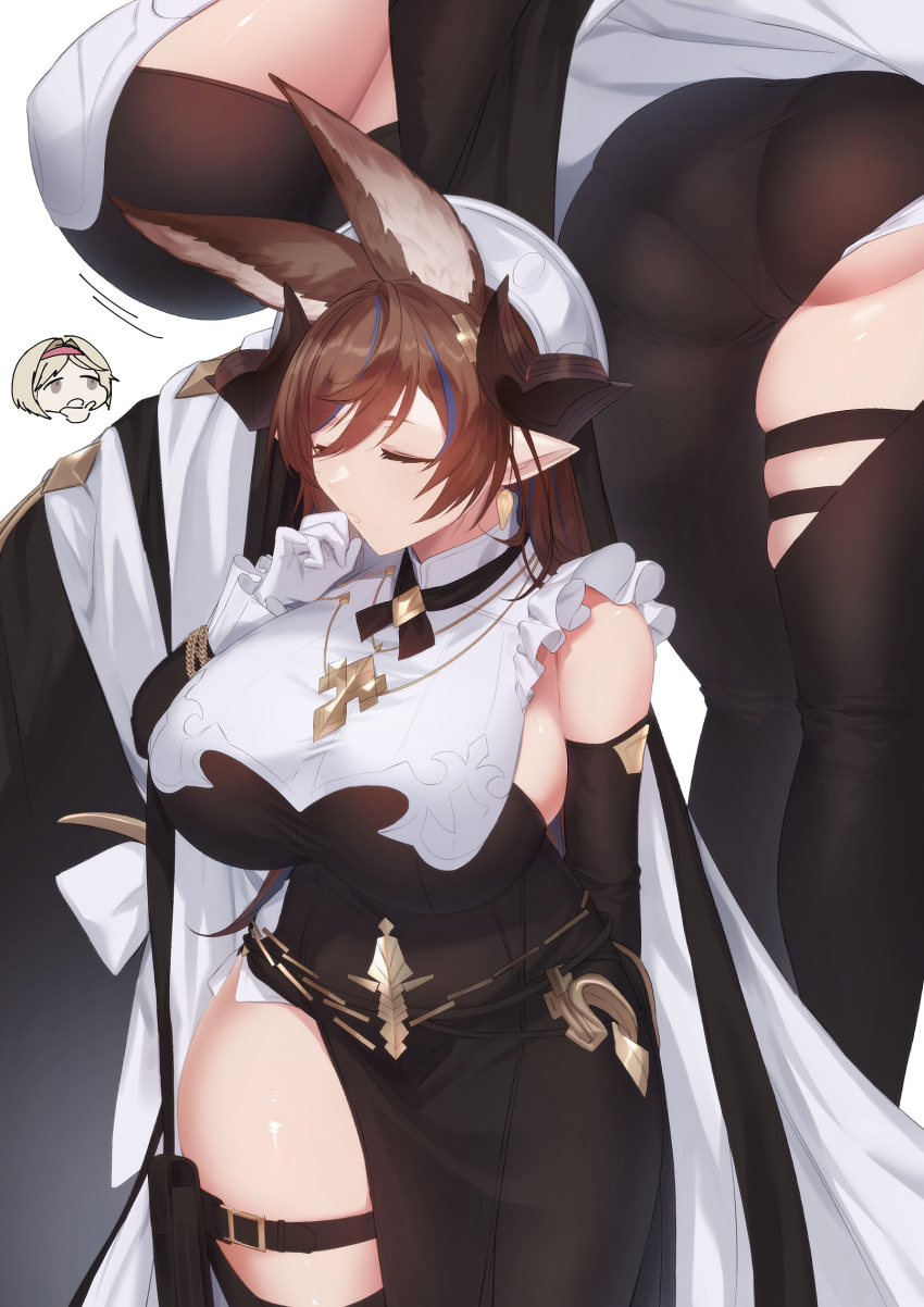 2girls, animal_ears, asymmetrical_hair, bangs, breasts, brown_hair, closed_eyes, cowboy_shot