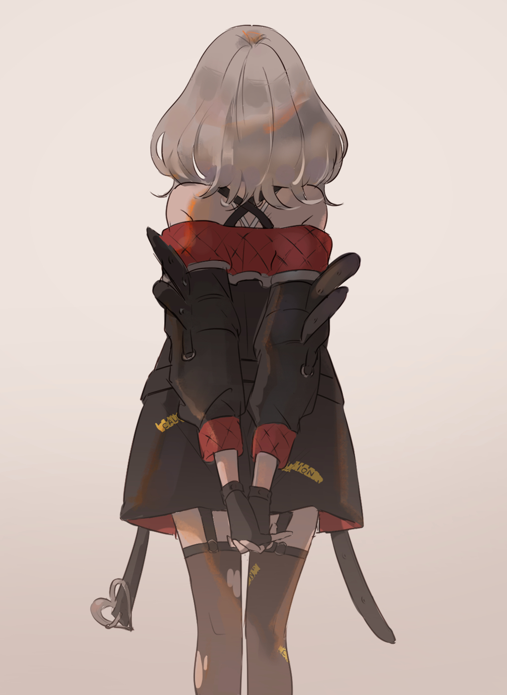 arms_behind_back, beige_background, black_gloves, black_jacket, black_legwear, fingerless_gloves, from_behind, gloves