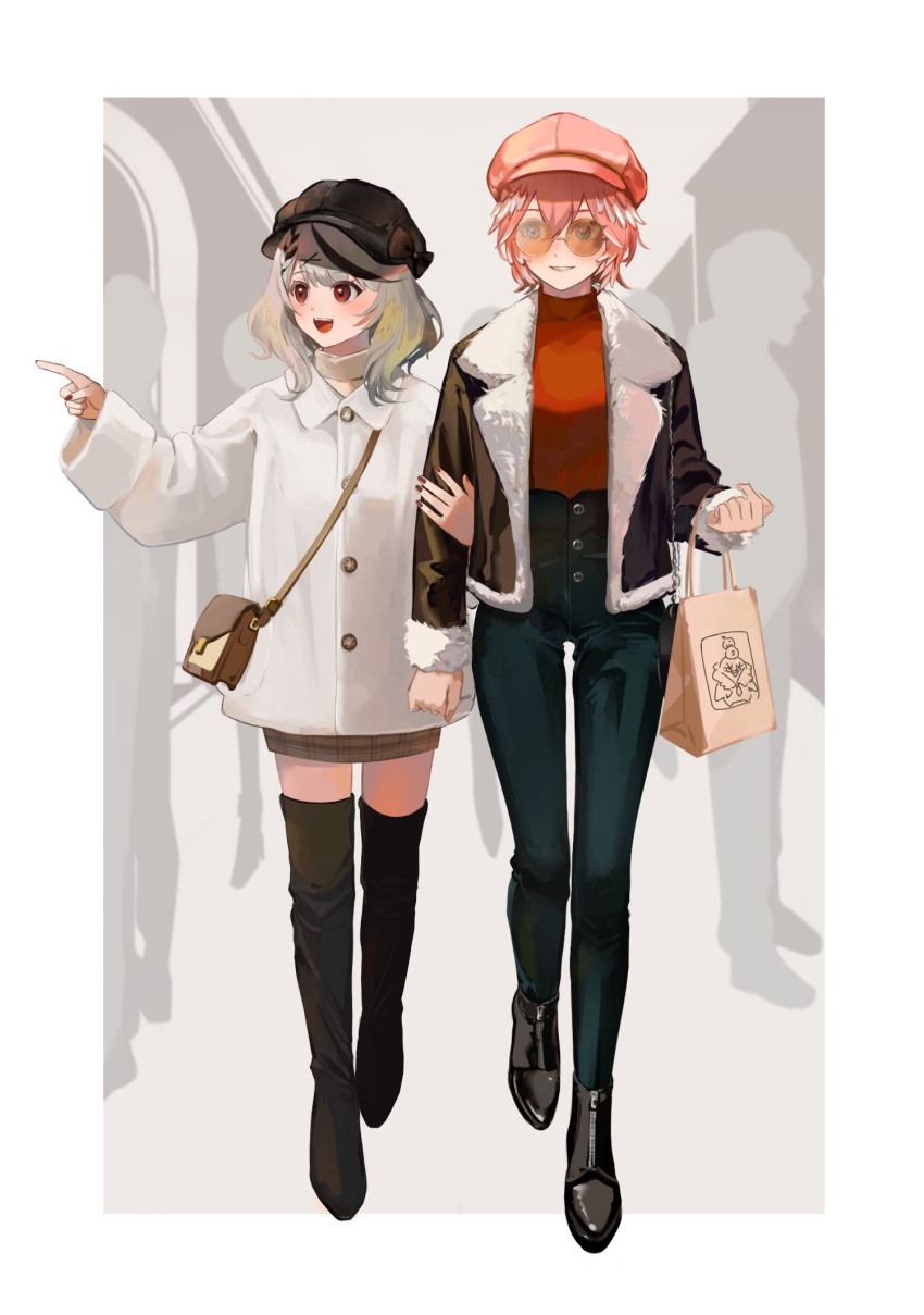2girls, alternate_costume, bag, black_footwear, black_headwear, boots, brown_jacket, denim