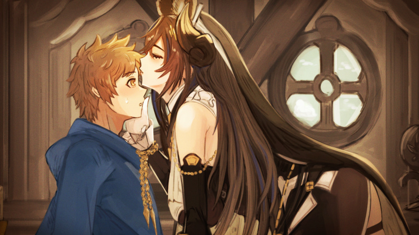 1boy, 1girl, all_fours, animal_ears, asymmetrical_hair, bangs, bare_shoulders, blush