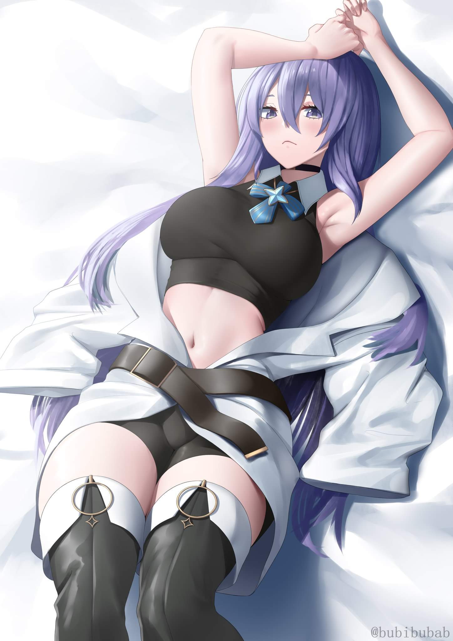 1girl, armpits, arms_up, belt, bike_shorts, black_choker, breasts, choker