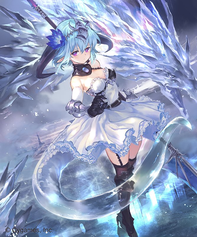 1girl, armored_boots, blue_hair, boots, breasts, company_name, copyright, detached_collar