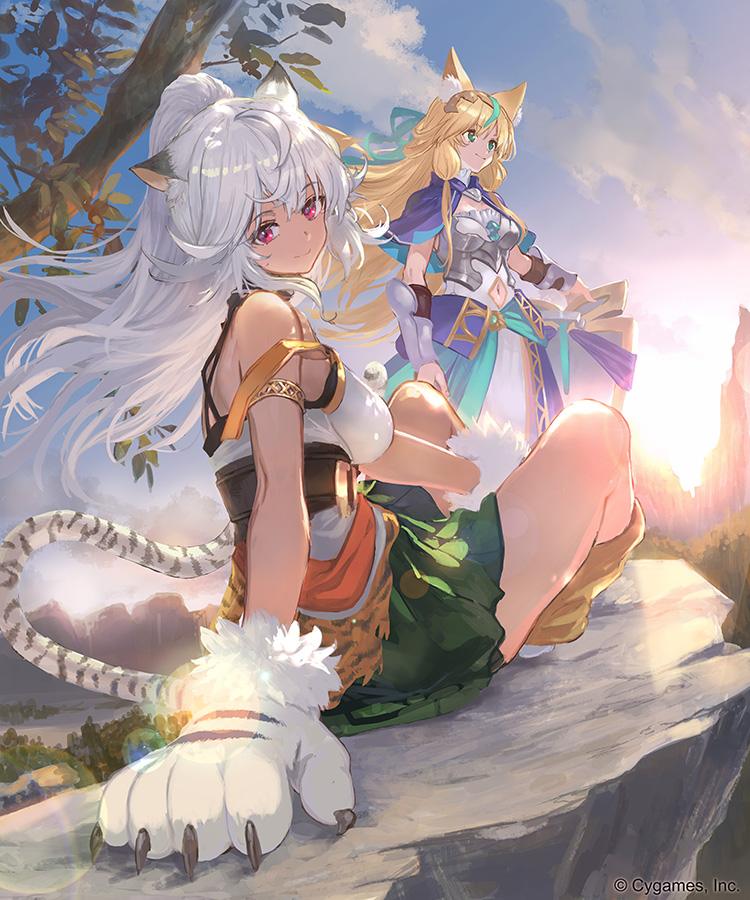 2girls, ahoge, animal_ears, animal_hands, armlet, armor, blonde_hair, breastplate