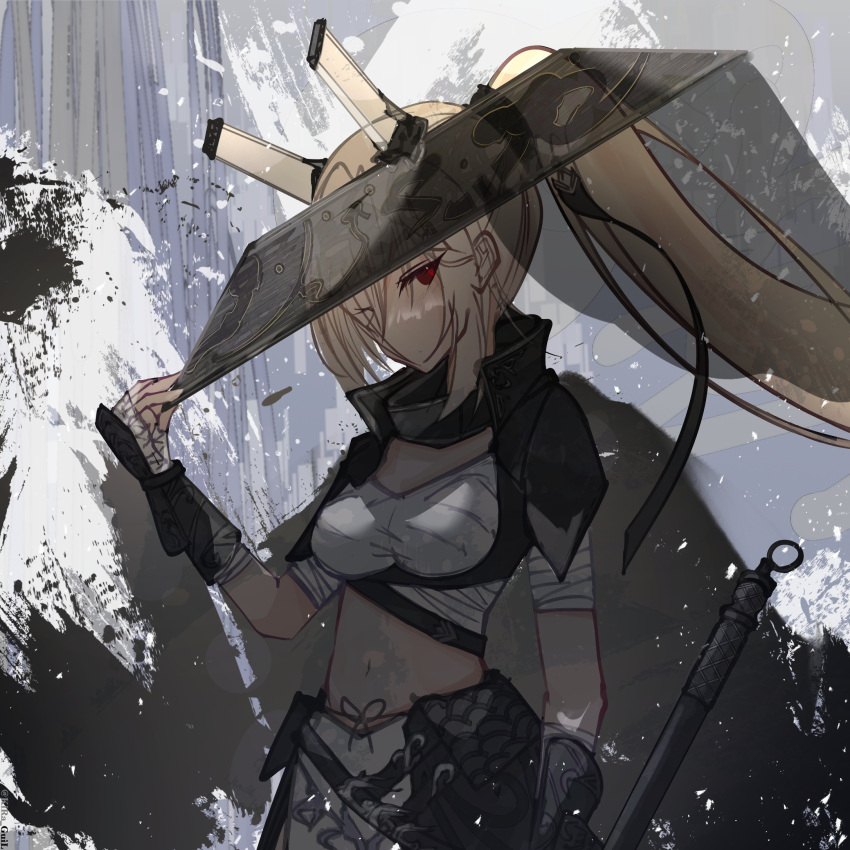 1girl, adjusting_clothes, adjusting_headwear, arm_wrap, armor, ayanami_(azur_lane), ayanami_(navalistic_showdown)_(azur_lane), azur_lane