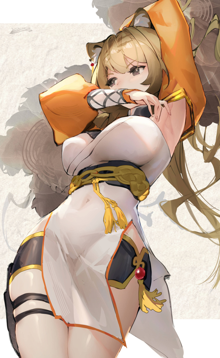 1girl, absurdres, animal_ear_fluff, animal_ears, arknights, arm_up, armpits, bangs
