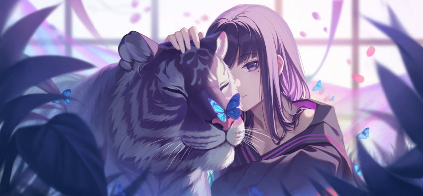 1girl, 3v_ju, absurdres, black_hair, blush, bug, butterfly, closed_mouth