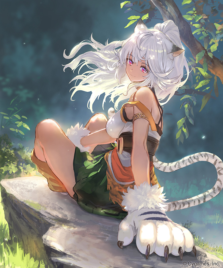 1girl, ahoge, animal_ears, animal_hands, armlet, breasts, closed_mouth, floating_hair, fur_trim, gloves, igarashi_youhei, indian_style, knees_up, ladica_(shadowverse), long_hair, looking_at_viewer, medium_breasts, official_art, paw_gloves, shadowverse, sitting, skirt, smile, solo, tail, violet_eyes, white_hair