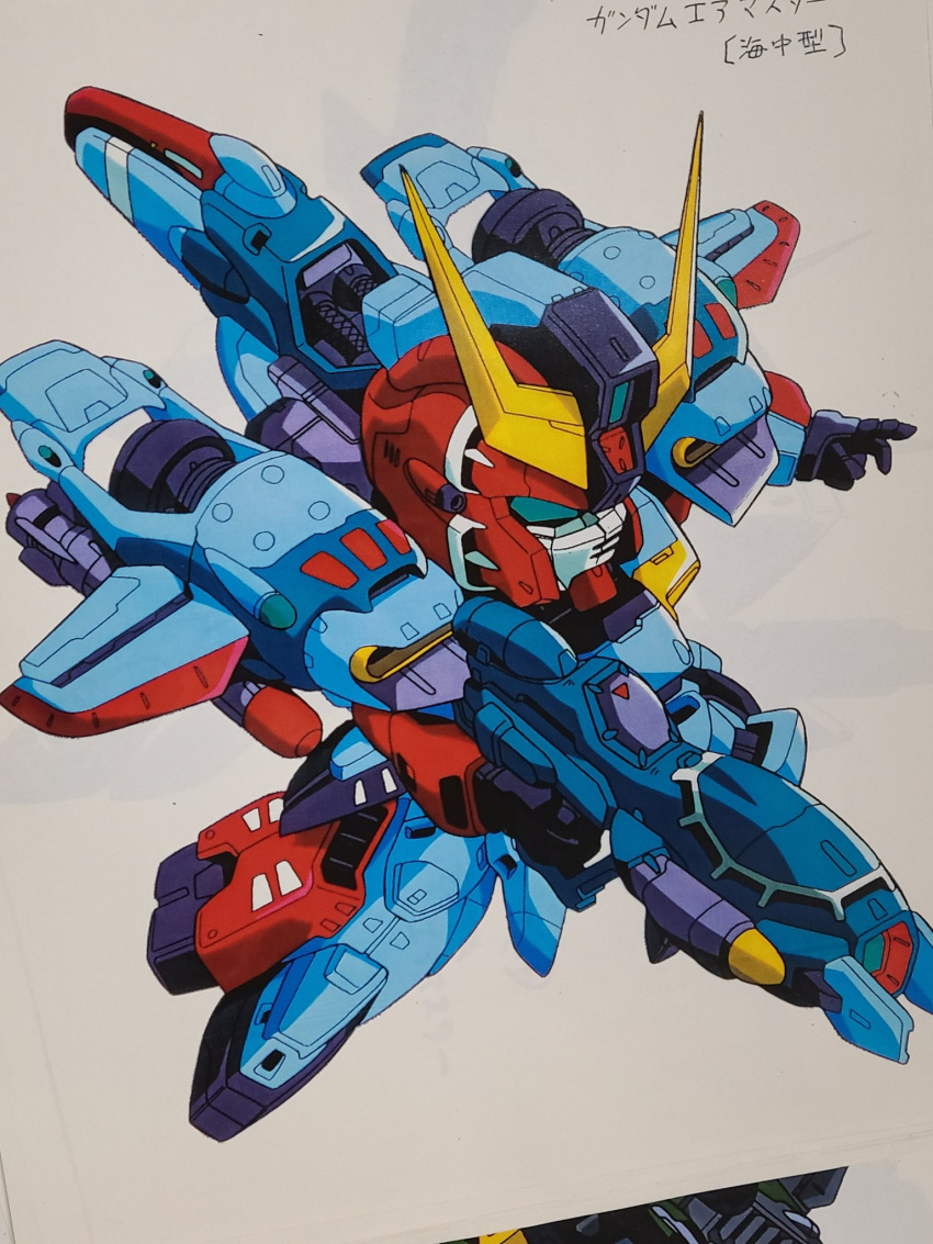 after_war_gundam_x, character_name, chibi, commentary_request, green_eyes, gun, gundam, gundam_airmaster_(underwater_type)