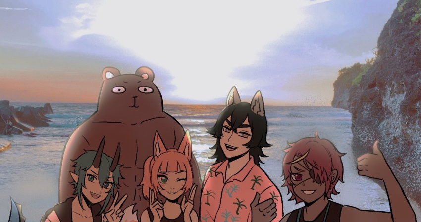 1girl, 3boys, animal_ears, black_hair, blue_eyes, blue_hair, dark_skin, demon_boy