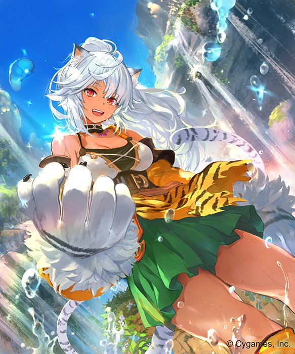 1girl, animal_ears, animal_hands, black_choker, breasts, choker, company_name, copyright, cowboy_shot, gloves, green_skirt, igarashi_youhei, ladica_(shadowverse), long_hair, looking_at_viewer, medium_breasts, official_art, open_mouth, paw_gloves, red_eyes, shadowverse, skirt, solo, tail, water_drop, white_hair