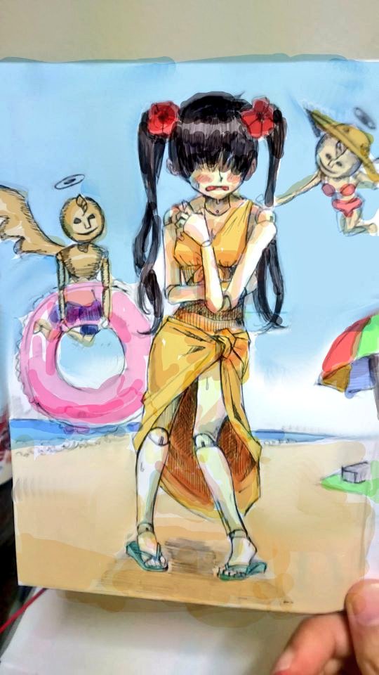 1boy, 2girls, beach, bikini, blush, daniyyel+jennifer, embarrassed, flower