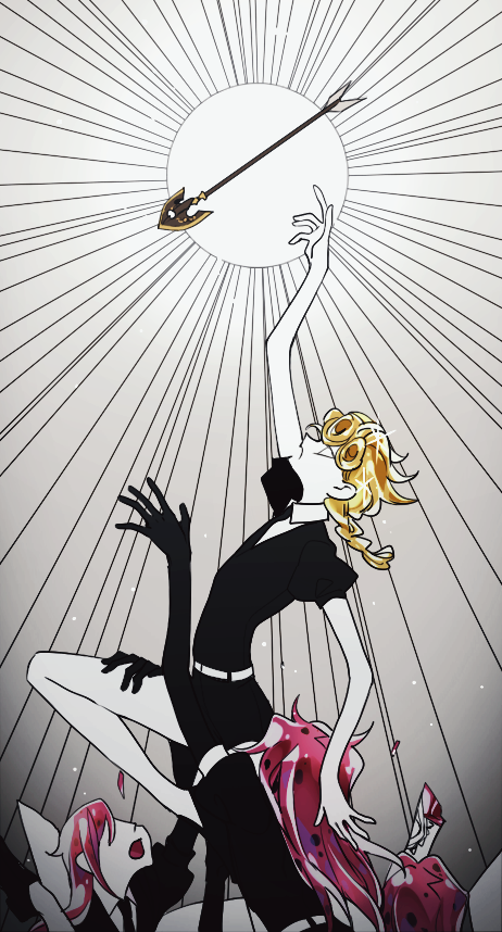 4boys, amputee, androgynous, arrow_(jojo), black_shorts, blonde_hair, braid, collared_shirt, colored_eyelashes, crossover, crystal_hair, diavolo, gem_uniform_(houseki_no_kuni), giorno_giovanna, houseki_no_kuni, jojo_no_kimyou_na_bouken, multiple_boys, outstretched_arm, pink_hair, puffy_short_sleeves, puffy_sleeves, reaching_out, sempon_(doppio_note), shirt, short_shorts, short_sleeves, shorts, solo_focus, stand_arrow, vento_aureo