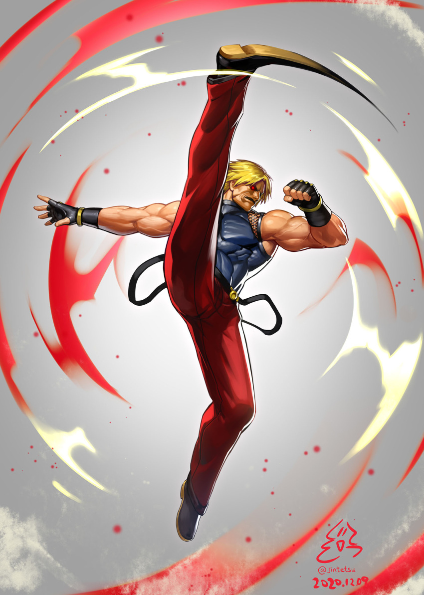 abs, biceps, black_footwear, blonde_hair, facial_hair, genocide_cutter, gloves, high_kick