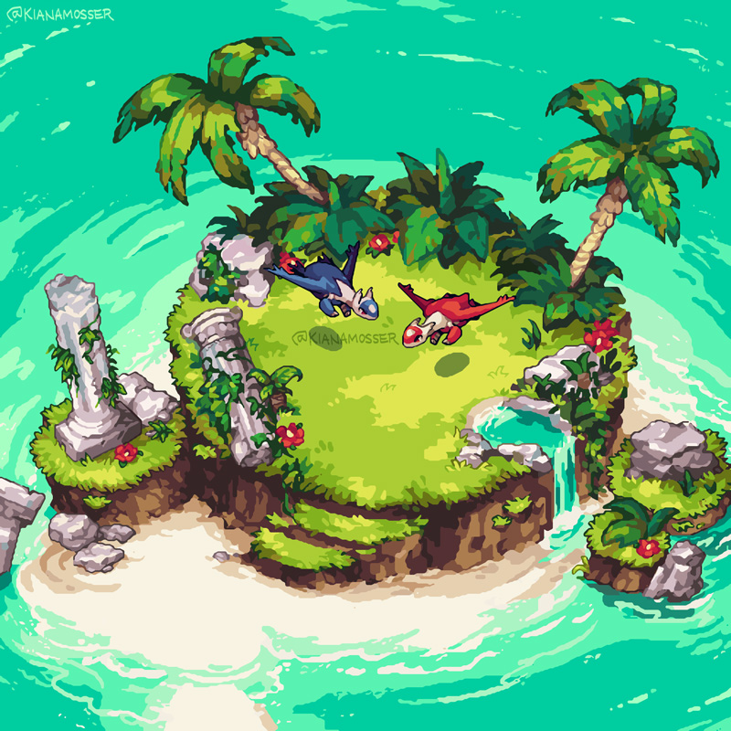 beach, english_commentary, flower, fushigi_no_dungeon, grass, island, kianamosser, latias