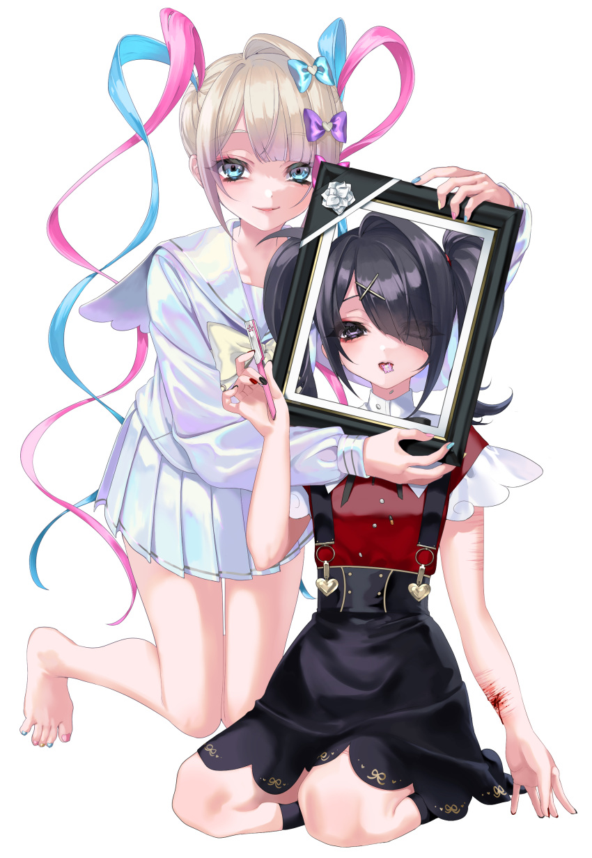 2girls, absurdres, ame-chan_(needy_girl_overdose), barefoot, black_eyes, black_hair, black_nails, bleeding, blood, blood_splatter, blue_eyes, blue_hair, blue_nails, blush, bow, boxcutter, chouzetsusaikawa_tenshi-chan, cursor, cuts, drugs, dual_persona, grey_hair, hair_bow, hair_ornament, hair_over_one_eye, heart, highres, iei, injury, long_hair, multicolored_hair, multicolored_nails, multiple_girls, multiple_hair_bows, needy_girl_overdose, open_mouth, picture_frame, pill, pink_hair, pink_nails, pleated_skirt, red_nails, sailor_collar, school_uniform, seiza, serafuku, simple_background, sitting, skirt, slit_wrist, smile, suspender_skirt, suspenders, toes, twintails, very_long_hair, white_background, x_hair_ornament, yellow_nails, yuiitsu