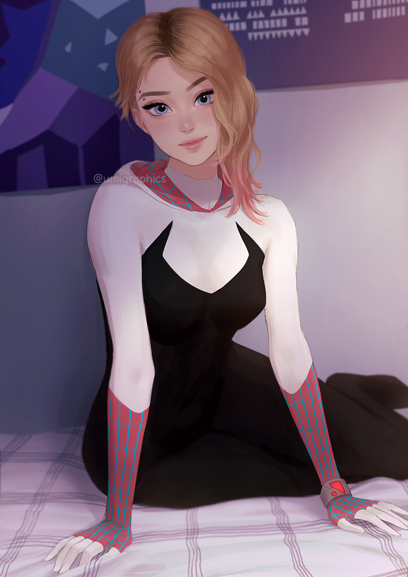 1girl, artist_name, asymmetrical_hair, bed, blonde_hair, blue_eyes, eyebrow_piercing, gwen_stacy, hooded_bodysuit, looking_at_viewer, marvel, piercing, sitting, solo, spider-gwen, spider-man:_across_the_spider-verse_(part_one), spider-man_(series), spider_web_print, twitter_username, umigraphics