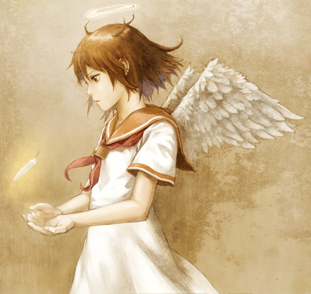 1girl, abe_yoshitoshi, angel_wings, bangs, brown_eyes, brown_hair, cowboy_shot, cupping_hands
