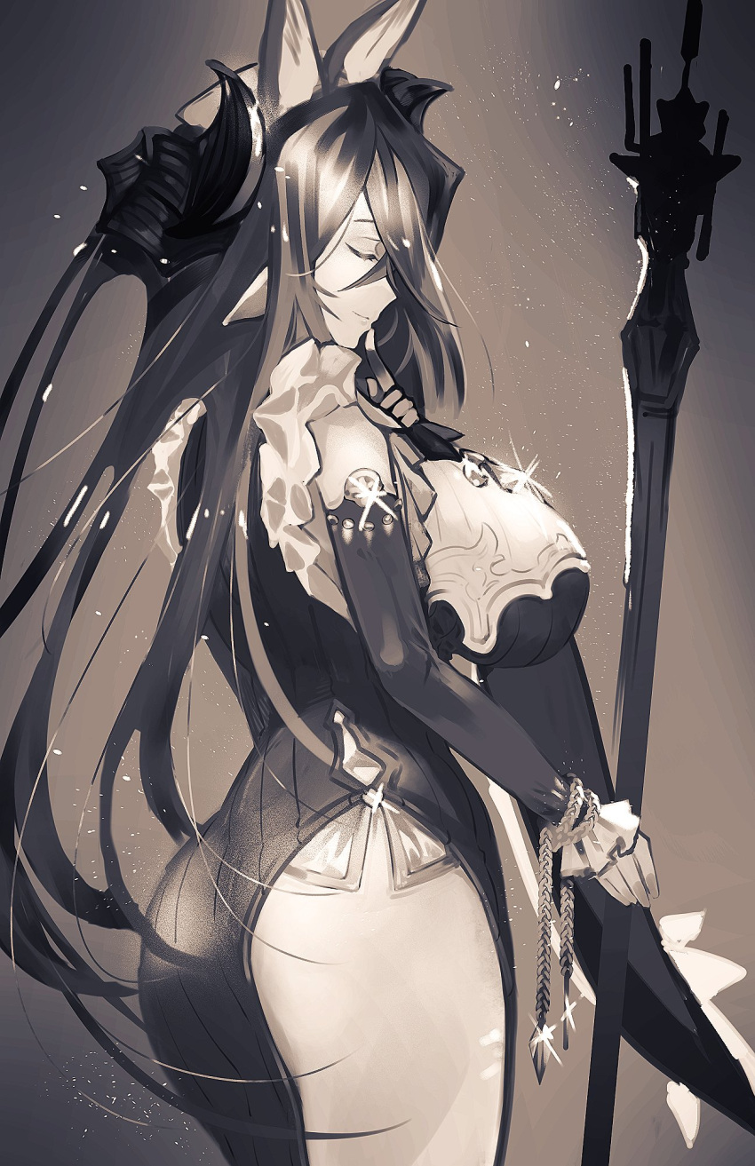 1girl, animal_ears, ass, bangs, breasts, brown_hair, closed_eyes, cowboy_shot
