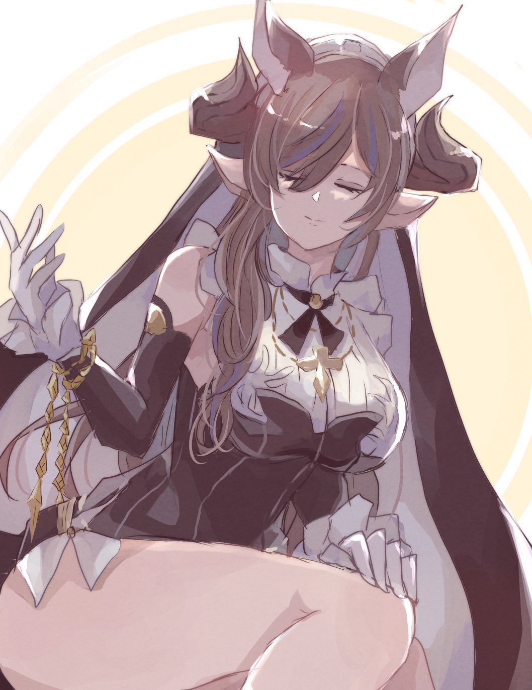 1girl, animal_ears, aridamikannn, asymmetrical_hair, bangs, breasts, brown_hair, closed_eyes