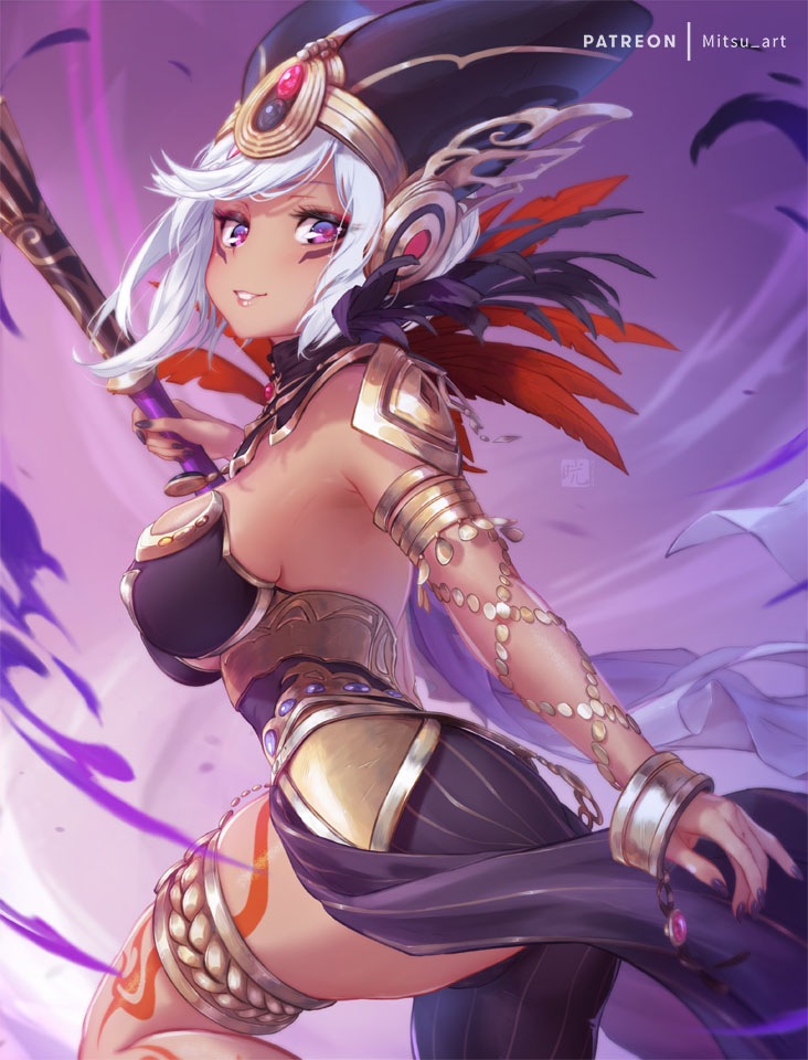 1girl, asymmetrical_clothes, bangs, breasts, cia_(hyrule_warriors), dark-skinned_female, dark_skin, eyelashes, facial_mark, feathers, from_side, holding, holding_weapon, hyrule_warriors, jewelry, large_breasts, looking_at_viewer, mitsu_(mitsu_art), nail_polish, parted_lips, patreon_username, purple_background, skindentation, smile, solo, staff, swept_bangs, the_legend_of_zelda, thighlet, thighs, twisted_torso, violet_eyes, weapon, white_hair
