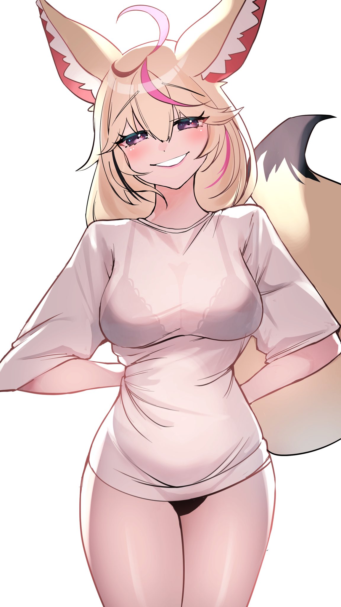 1girl, animal_ear_fluff, animal_ears, arms_behind_back, black_bra, black_panties, blonde_hair, blush, bra, bra_visible_through_clothes, breasts, commentary_request, cowboy_shot, eyebrows_visible_through_hair, fox_ears, fox_girl, fox_tail, grin, hair_between_eyes, highres, hololive, large_breasts, long_hair, looking_at_viewer, meme, multicolored_hair, omaru_polka, pajamas_challenge_(meme), panties, pink_hair, shirt, simple_background, smile, solo, standing, streaked_hair, tail, tail_raised, underwear, violet_eyes, virtual_youtuber, white_background, white_shirt, yuuppi