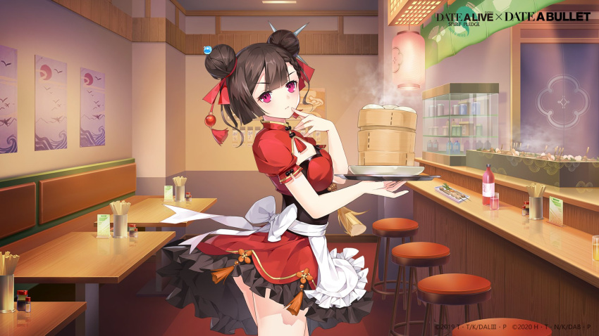 1girl, apron, brown_hair, chair, closed_mouth, cup, date_a_live:_date_a_bullet, date_a_live:_spirit_pledge, dress, drink, eyebrows_visible_through_hair, finger_to_mouth, food, highres, holding, holding_plate, indoors, looking_at_viewer, plate, red_dress, red_eyes, solo, table, tsuan_(date_a_live), white_apron