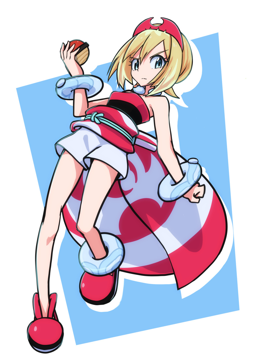 1girl, absurdres, arm_wrap, blue_eyes, eyebrow_cut, highres, irida_(pokemon), knees