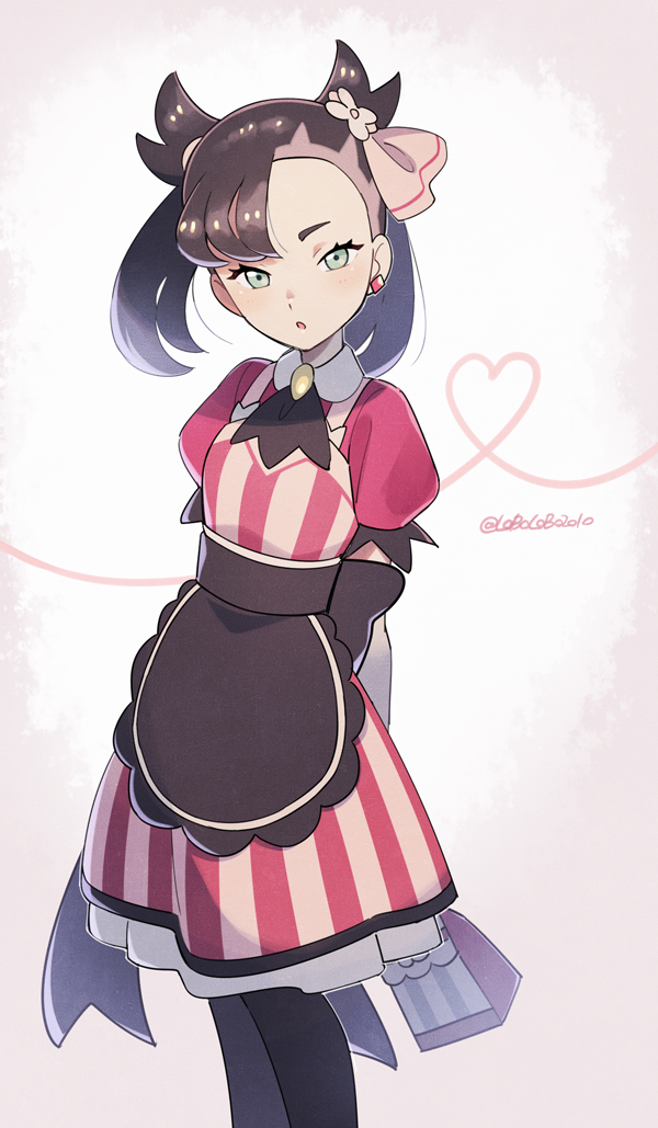 1girl, :o, apron, arms_behind_back, ascot, asymmetrical_bangs, bangs, black_legwear