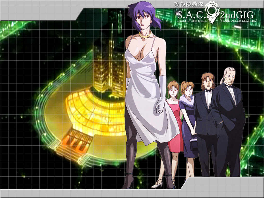 batou, breasts, brown_hair, cleavage, dress, elbow_gloves, formal, fur, ghost_in_the_shell, ghost_in_the_shell_stand_alone_complex, gloves, high_heels, jewelry, kusanagi_motoko, necklace, operator_(ghost_in_the_shell), pantyhose, ponytail, purple_hair, purse, shoes, short_hair, suit, thighhighs, togusa, tuxedo, wallpaper, white_hair