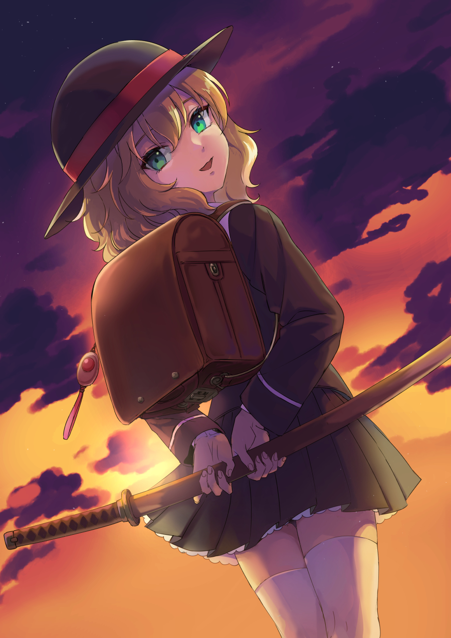 1girl, :d, backpack, bag, black_headwear, black_shirt, black_skirt, blonde_hair